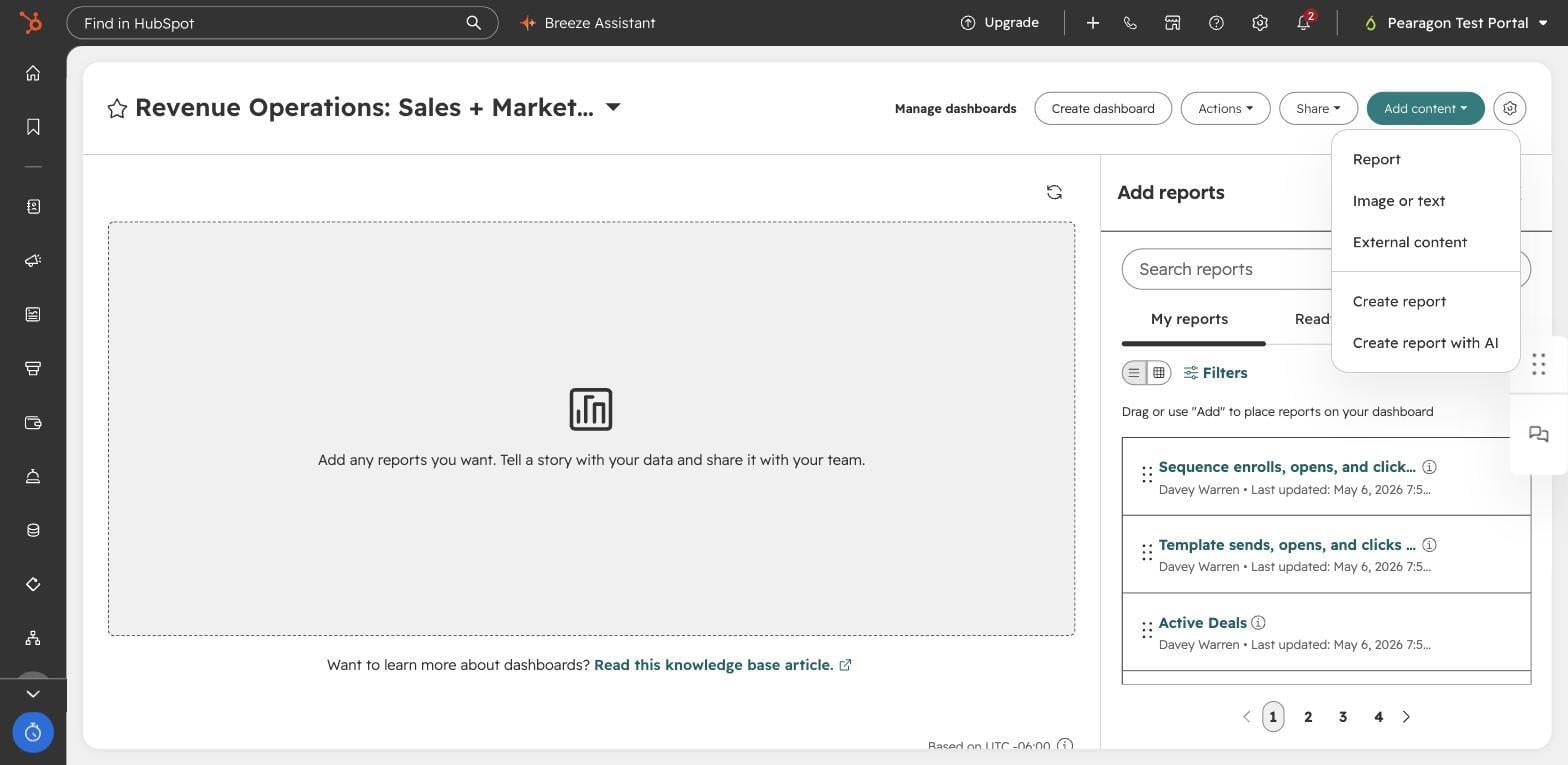 HubSpot dashboard with the Add content menu open showing Report, Image or text, External content, Create report, and Create report with AI