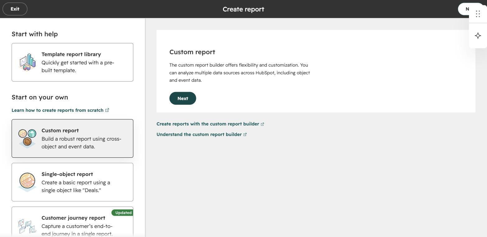 HubSpot Create report screen showing report type options: Template report library, Custom report, Single-object report, and Customer journey report